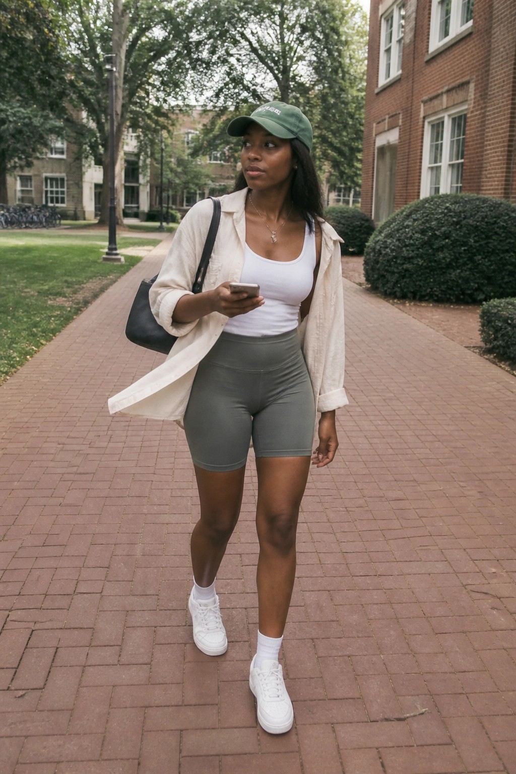 Woman wearing gray biker shorts, white tank top, open beige button-up shirt, green cap, white sneakers, and carrying a black bag while holding a phone on a brick path.