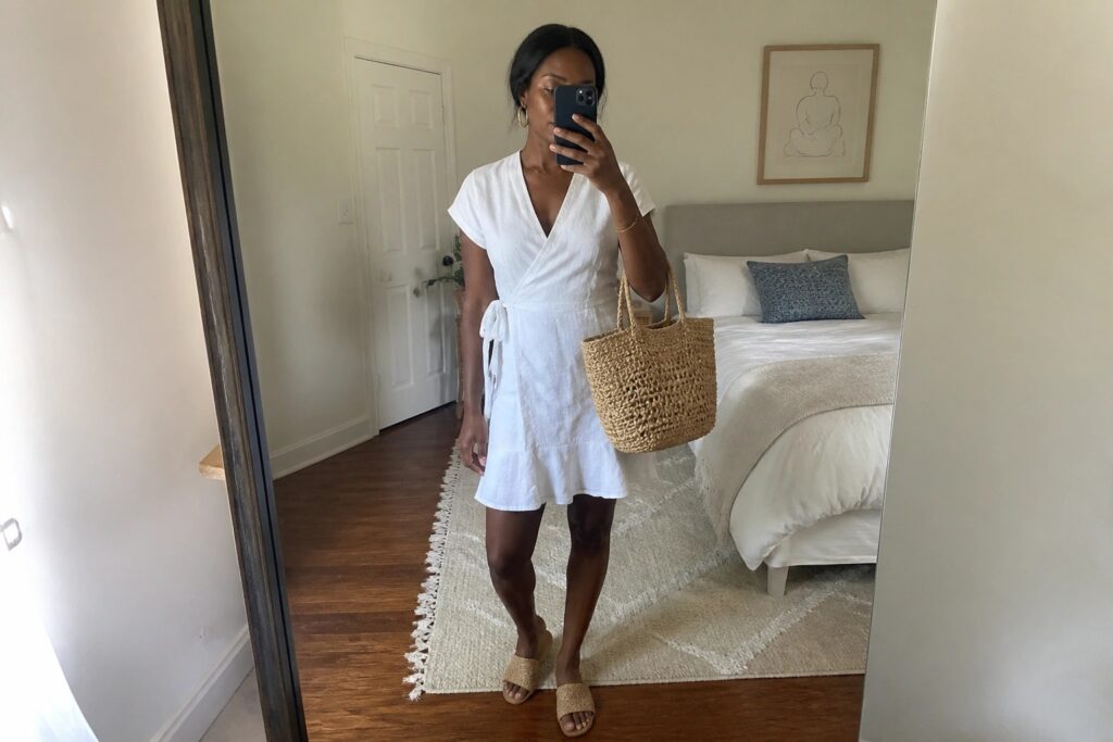 23 Summer Outfits for Black Women That Beat the Heat in Style Woman in white wrap dress holding phone and woven bag in bedroom