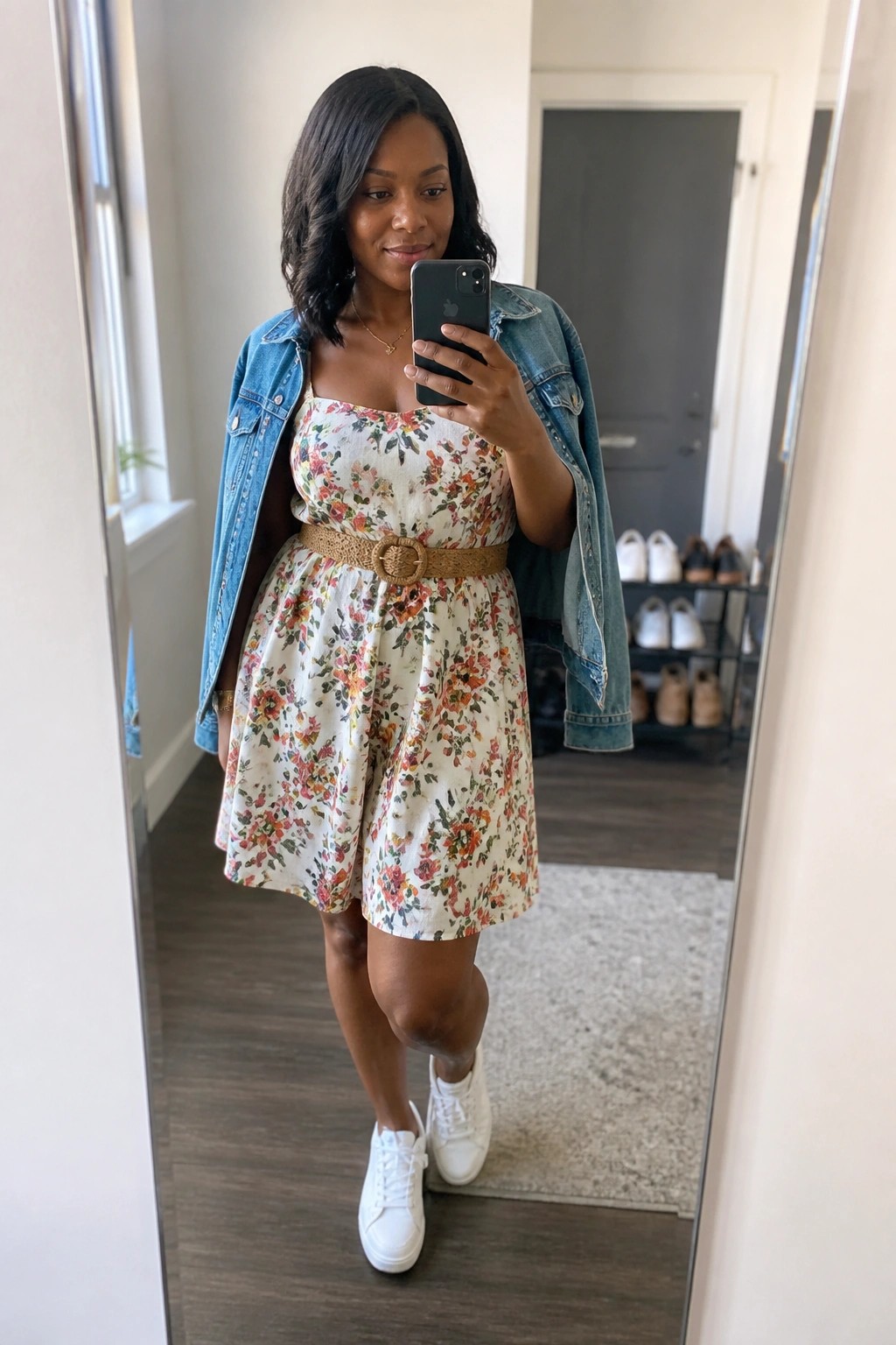 Woman in floral dress with denim jacket taking mirror selfie in sneakers