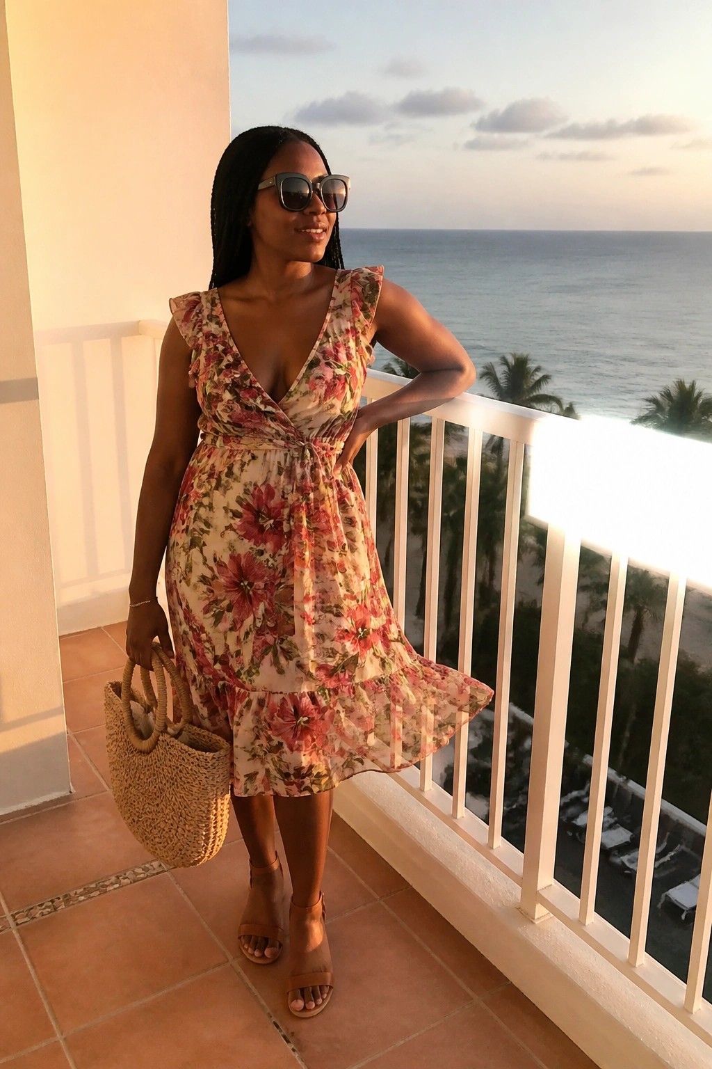 Woman wearing a floral print wrap dress with ruffle hem, holding a woven straw tote, paired with brown strappy sandals.