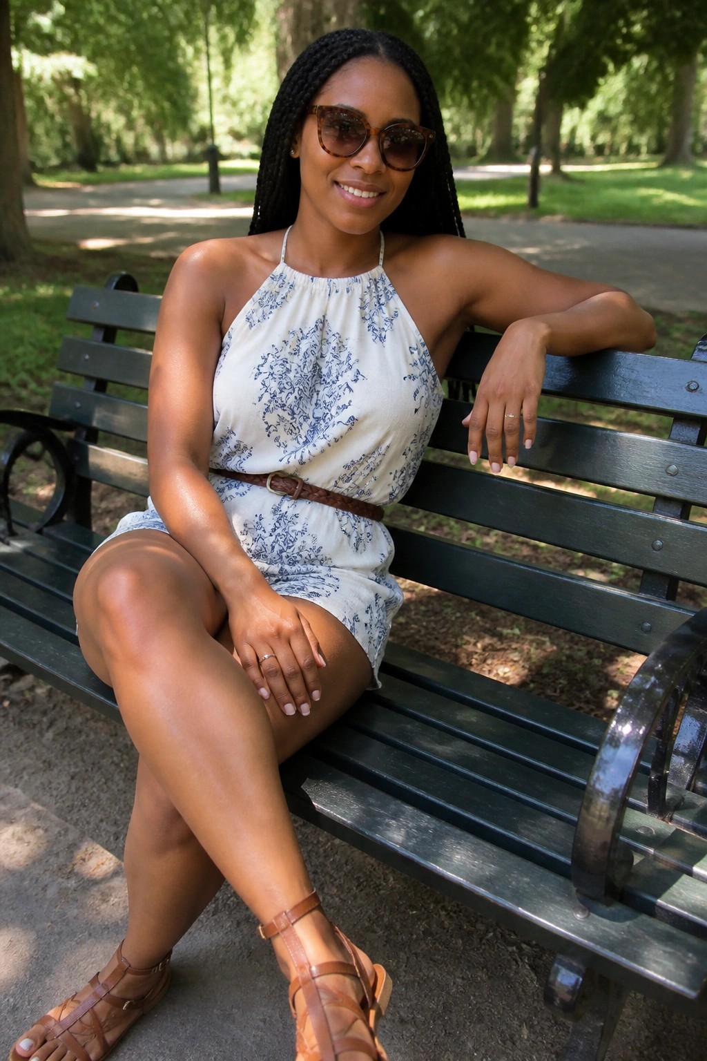 Smiling woman with braids in floral top and sunglasses on green park bench