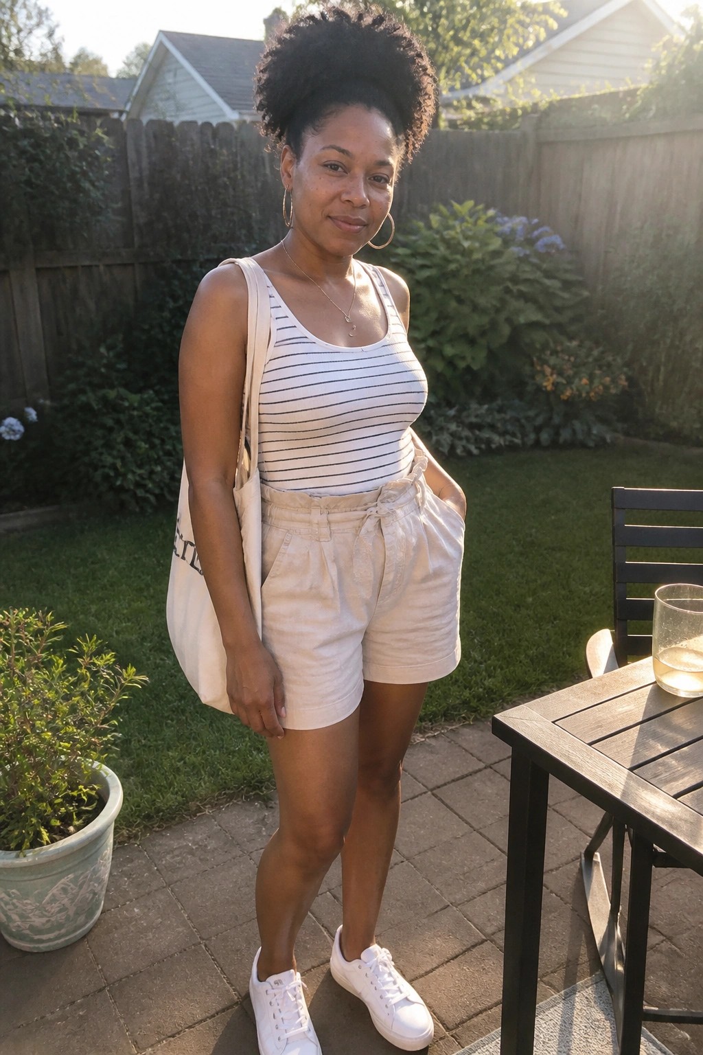 Woman in black and white striped tank top with beige tie-waist shorts, white sneakers, hoop earrings, layered necklace, and canvas tote bag standing on a patio.