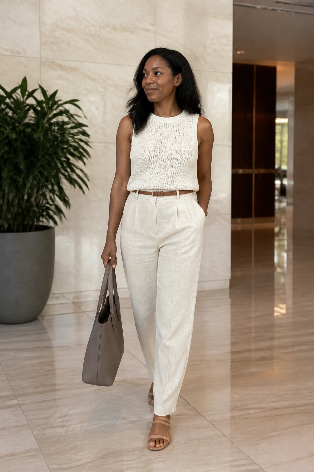 Woman in white knit top and linen pants holding taupe handbag in marble lobby