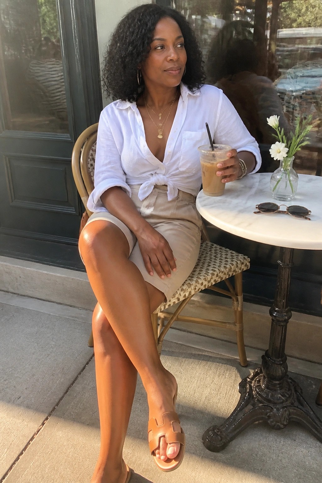 Curly-haired woman in tied white shirt and beige skirt holding iced coffee at marble cafe table.
