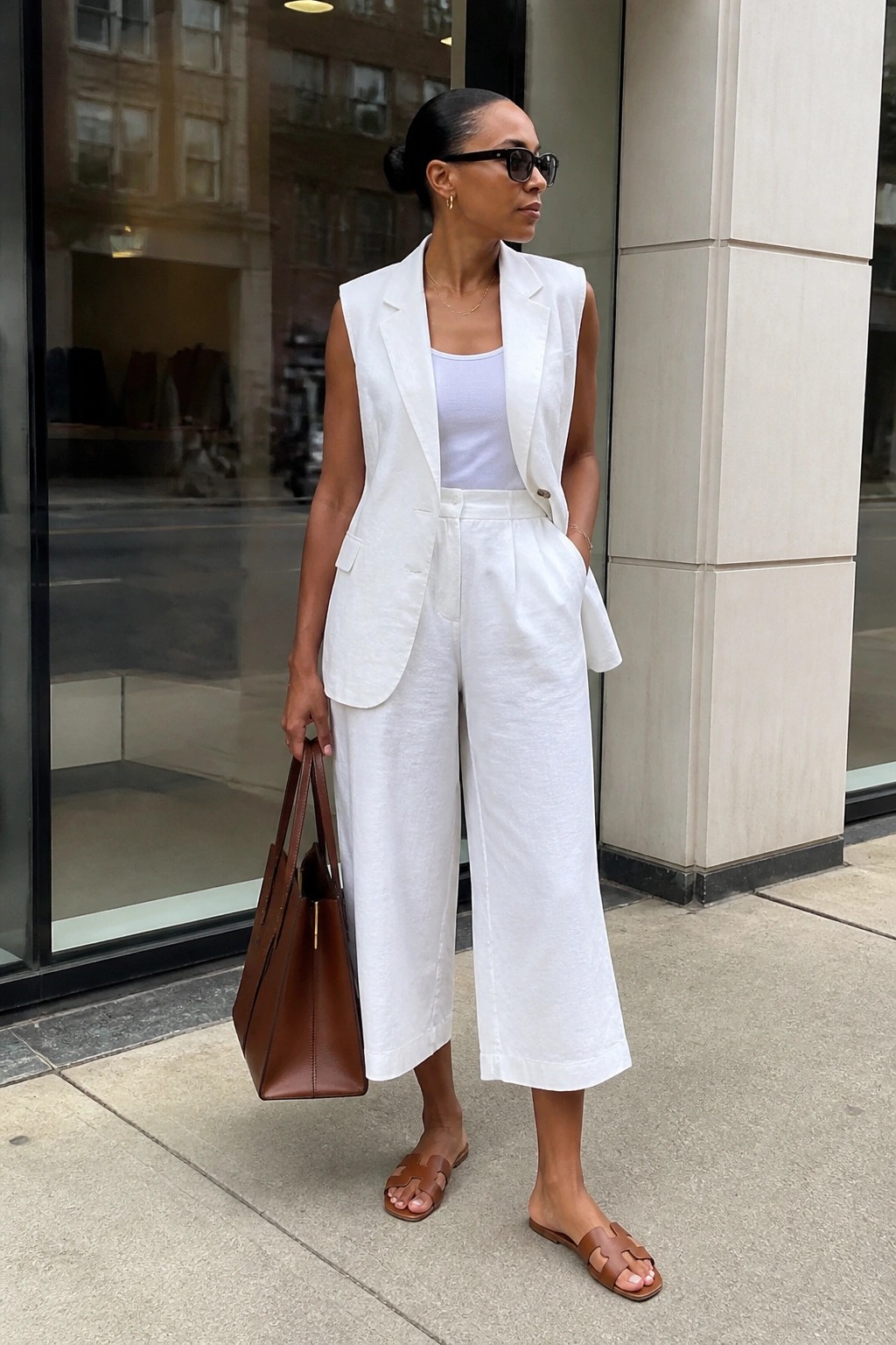 Woman in white sleeveless blazer and cropped pants holding brown leather tote bag