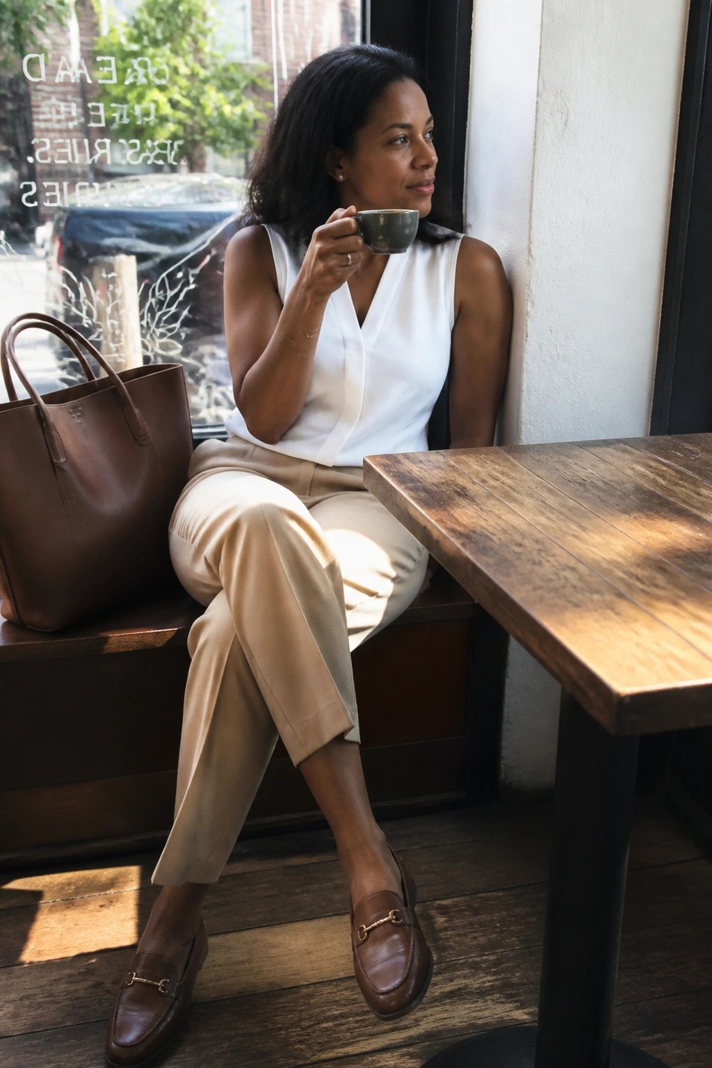 Woman in white top and beige pants sipping coffee by window with brown leather bag
