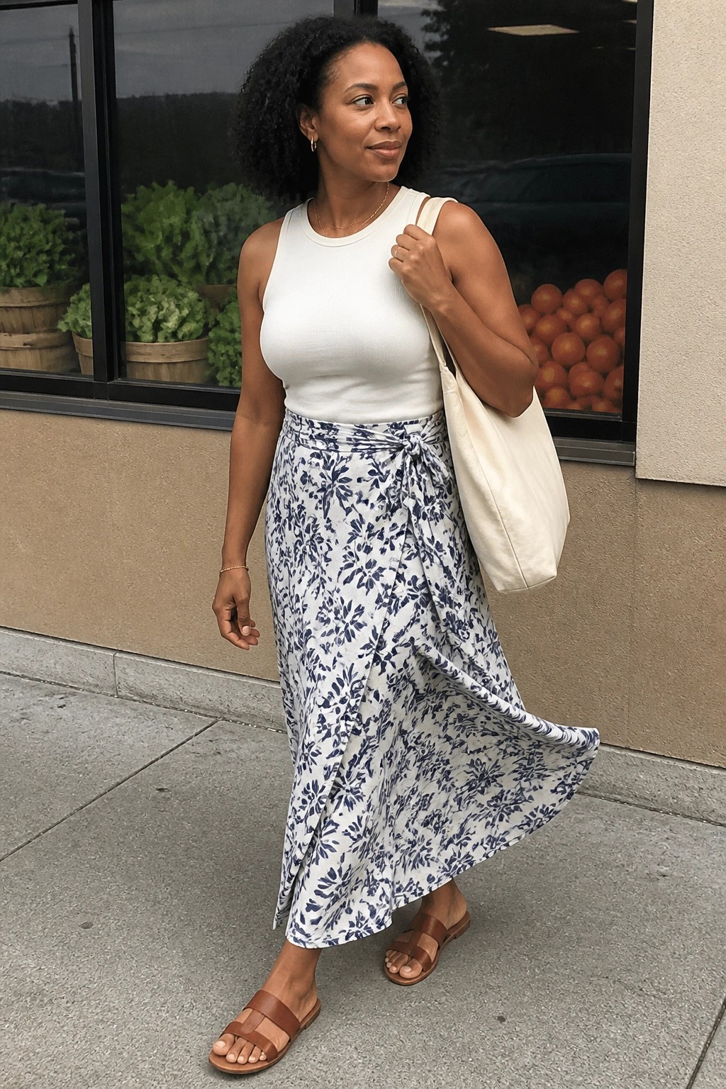 Woman with curly hair in white top and blue floral skirt carrying tote bag.