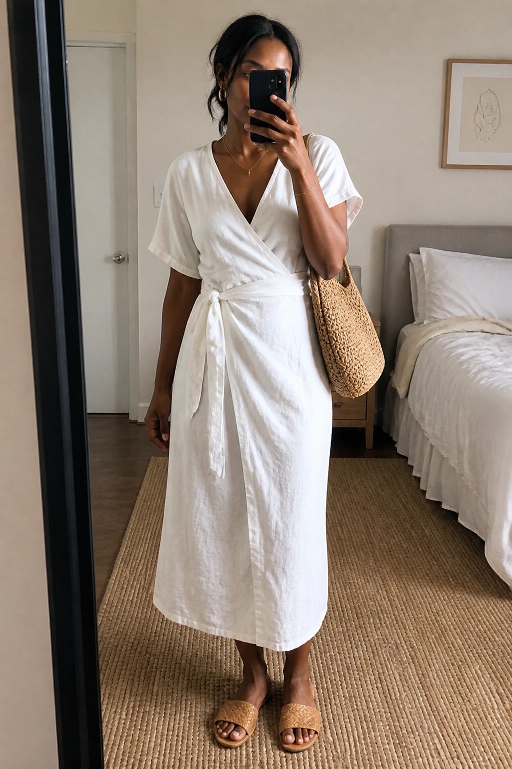 Woman in white wrap dress holding phone and woven bag in bedroom