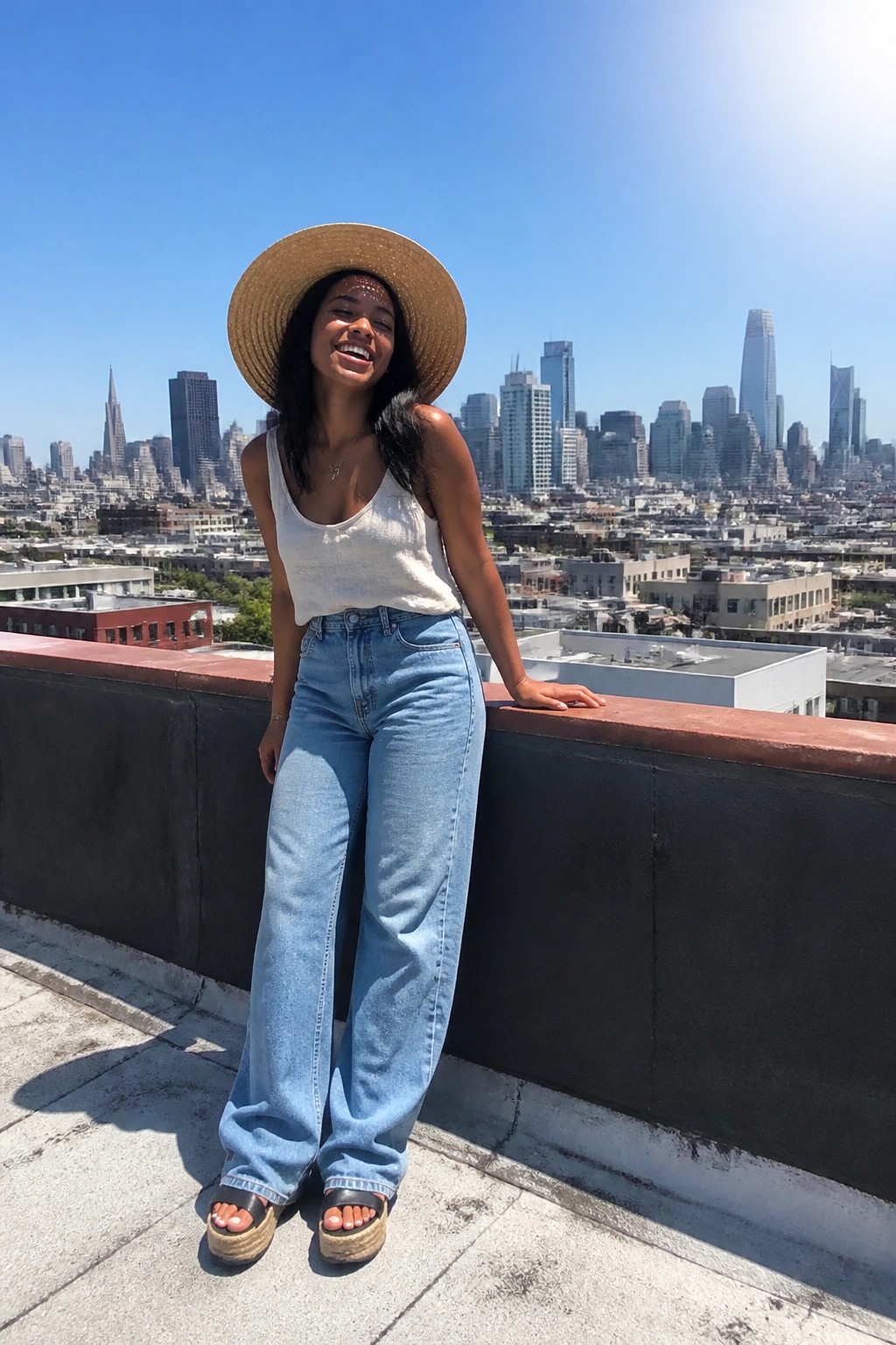 Woman in straw hat and jeans smiling on sunny rooftop with city skyline behind