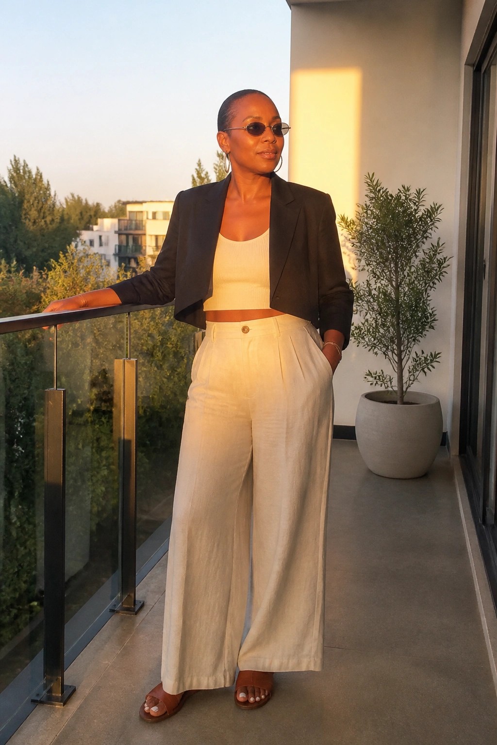 Black woman wearing a cropped black blazer over a cream ribbed crop top with white wide-leg linen pants and brown slide sandals on a balcony.