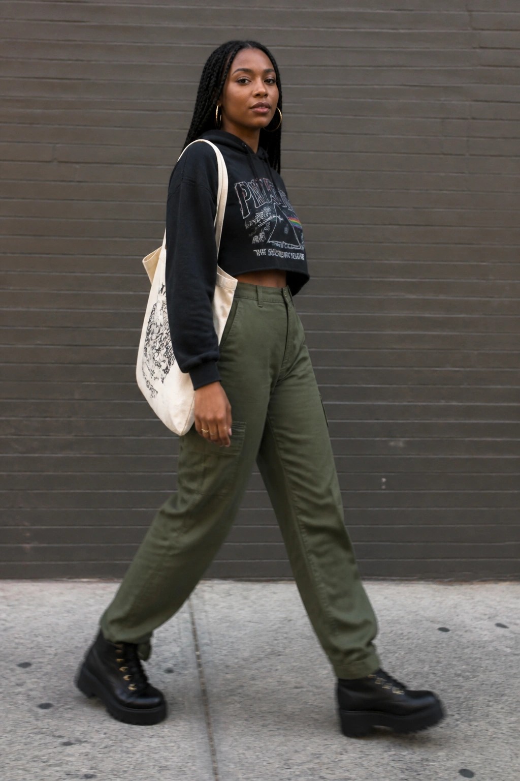 Woman in black Pink Floyd cropped hoodie and green cargo pants with tote bag on sidewalk.