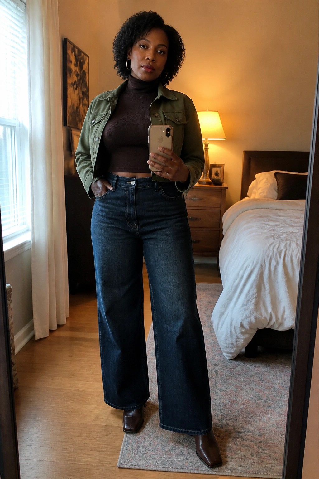 Black woman standing in a bedroom mirror selfie wearing an olive green utility jacket over a brown cropped turtleneck, paired with dark wide-leg jeans and brown square-toe boots while holding a phone.