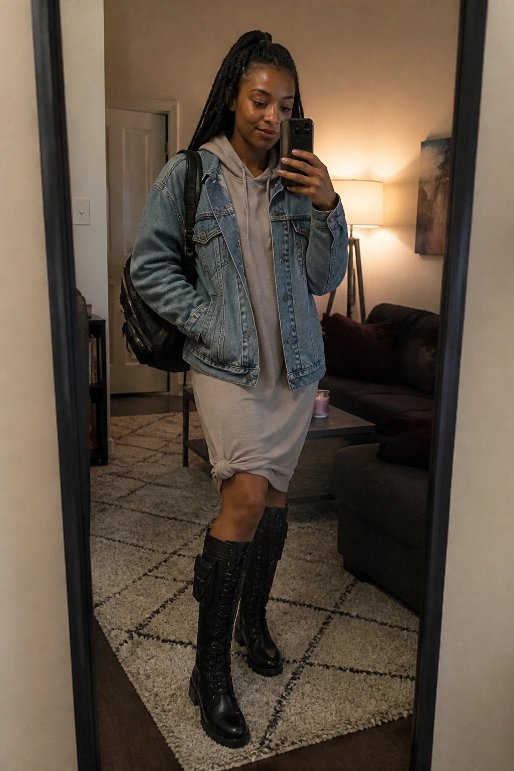 Woman in light blue denim jacket over gray hoodie dress tied at hem, paired with black lace-up combat boots and black backpack, taking mirror selfie indoors.