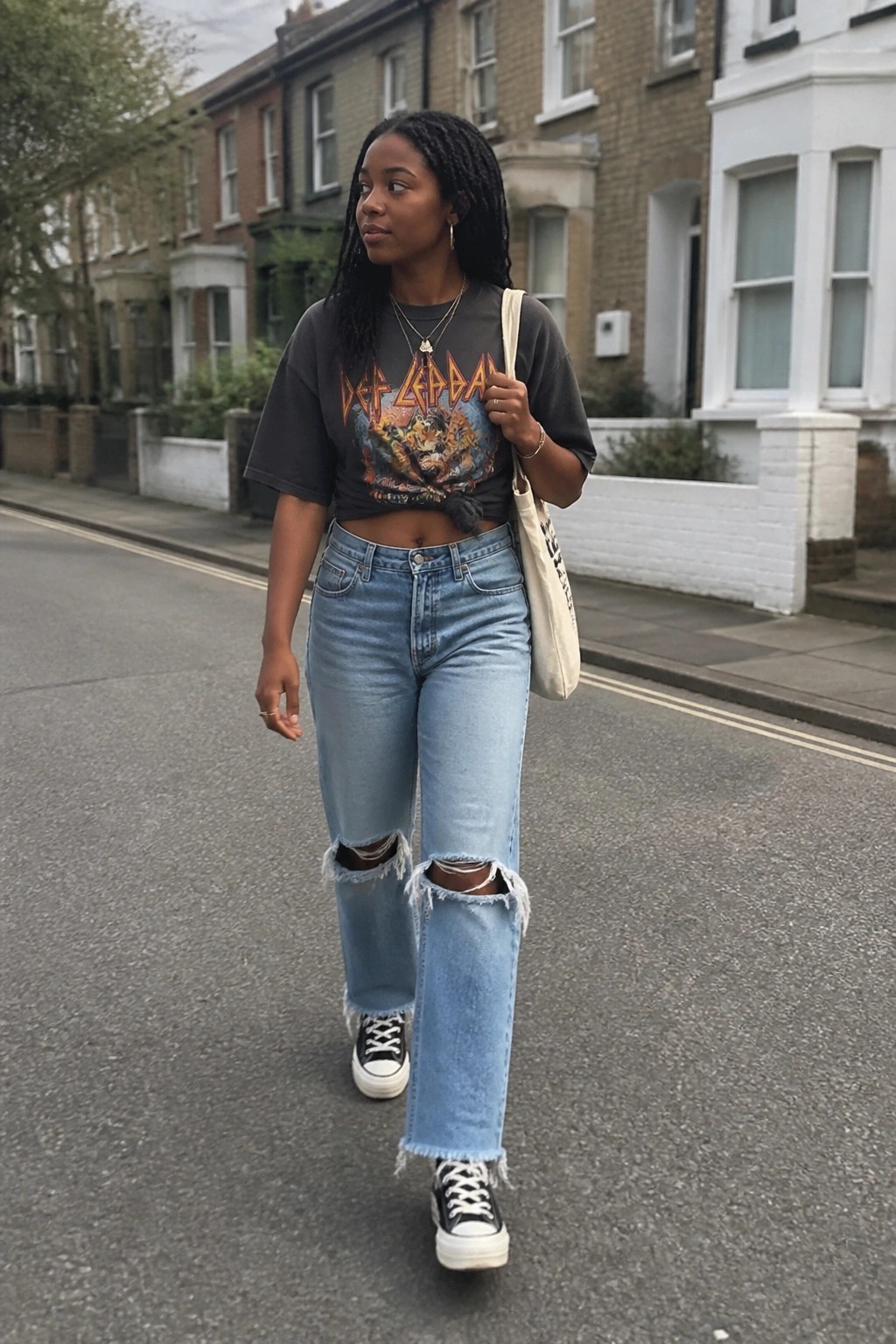 Woman with braids in Def Leppard crop top and ripped jeans on street