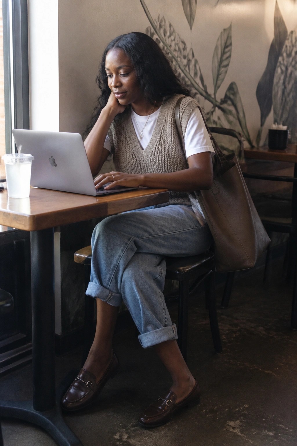 Black woman seated at a cafe table in a beige knit sweater vest layered over a white t-shirt paired with light blue cuffed wide-leg jeans and brown leather loafers while carrying a matching brown tote bag.