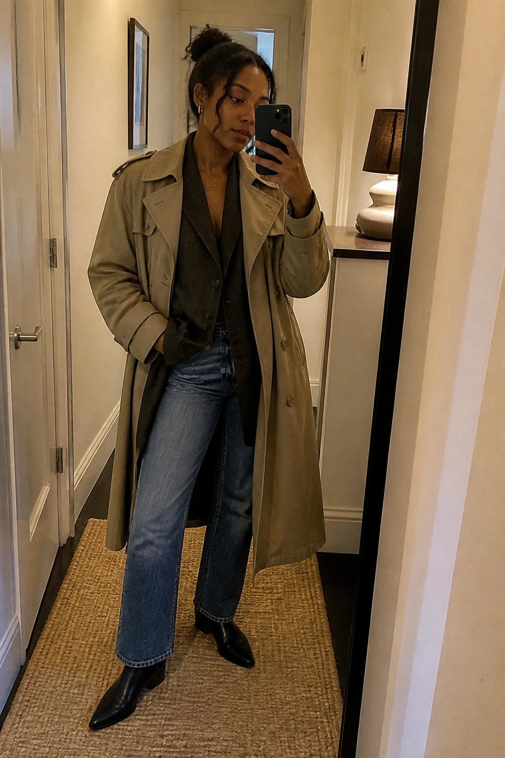 Woman in beige trench coat and vest taking mirror selfie in hallway
