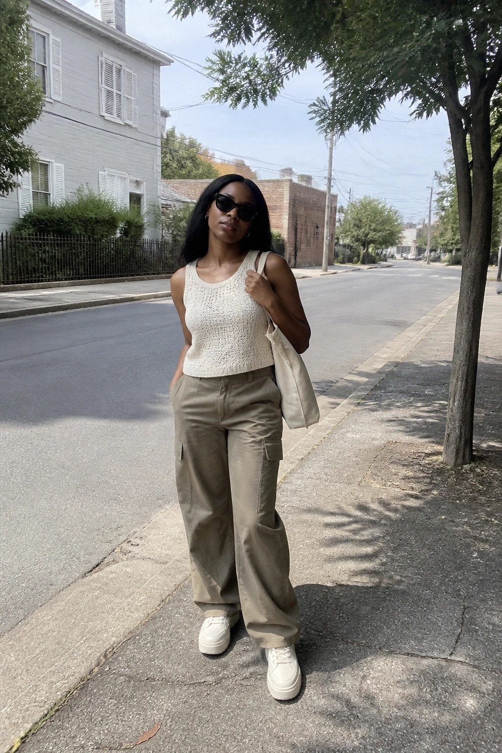 A Black woman standing on a sidewalk wearing olive green cargo pants, a cream crocheted tank top, white platform sneakers, and carrying a beige tote bag, with black sunglasses.