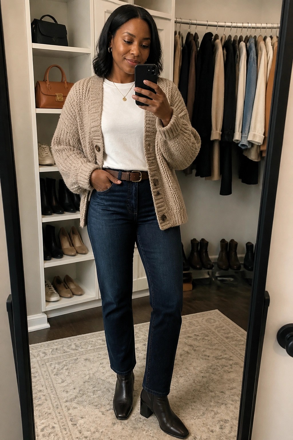 Woman in beige chunky cardigan over white tee with blue jeans brown belt and brown ankle boots taking a mirror selfie inside a closet.