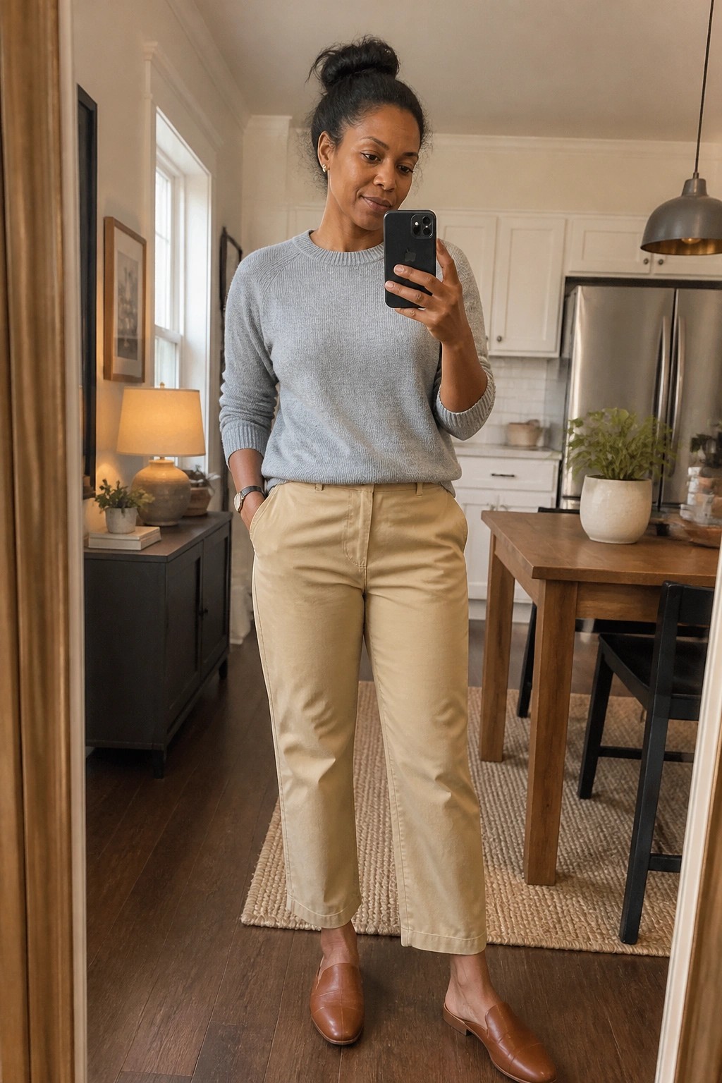 Woman in light blue sweater and beige pants taking mirror selfie indoors