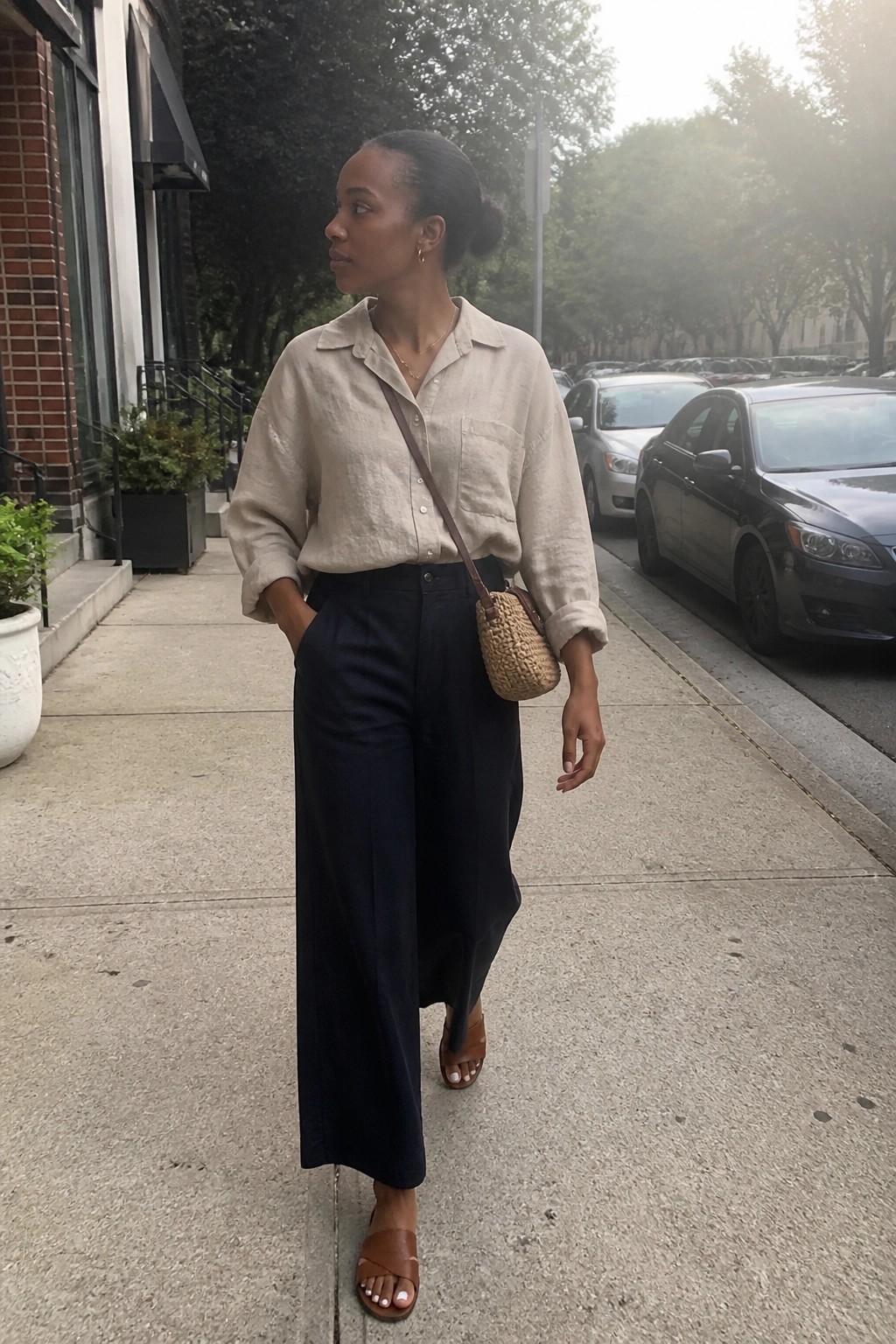 Woman in beige linen shirt and navy wide-leg pants with woven bag on sidewalk.
