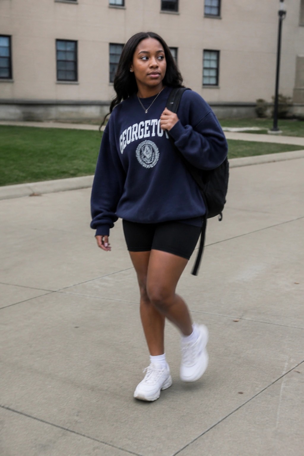 Woman in navy Georgetown sweatshirt and black shorts walks with backpack on campus