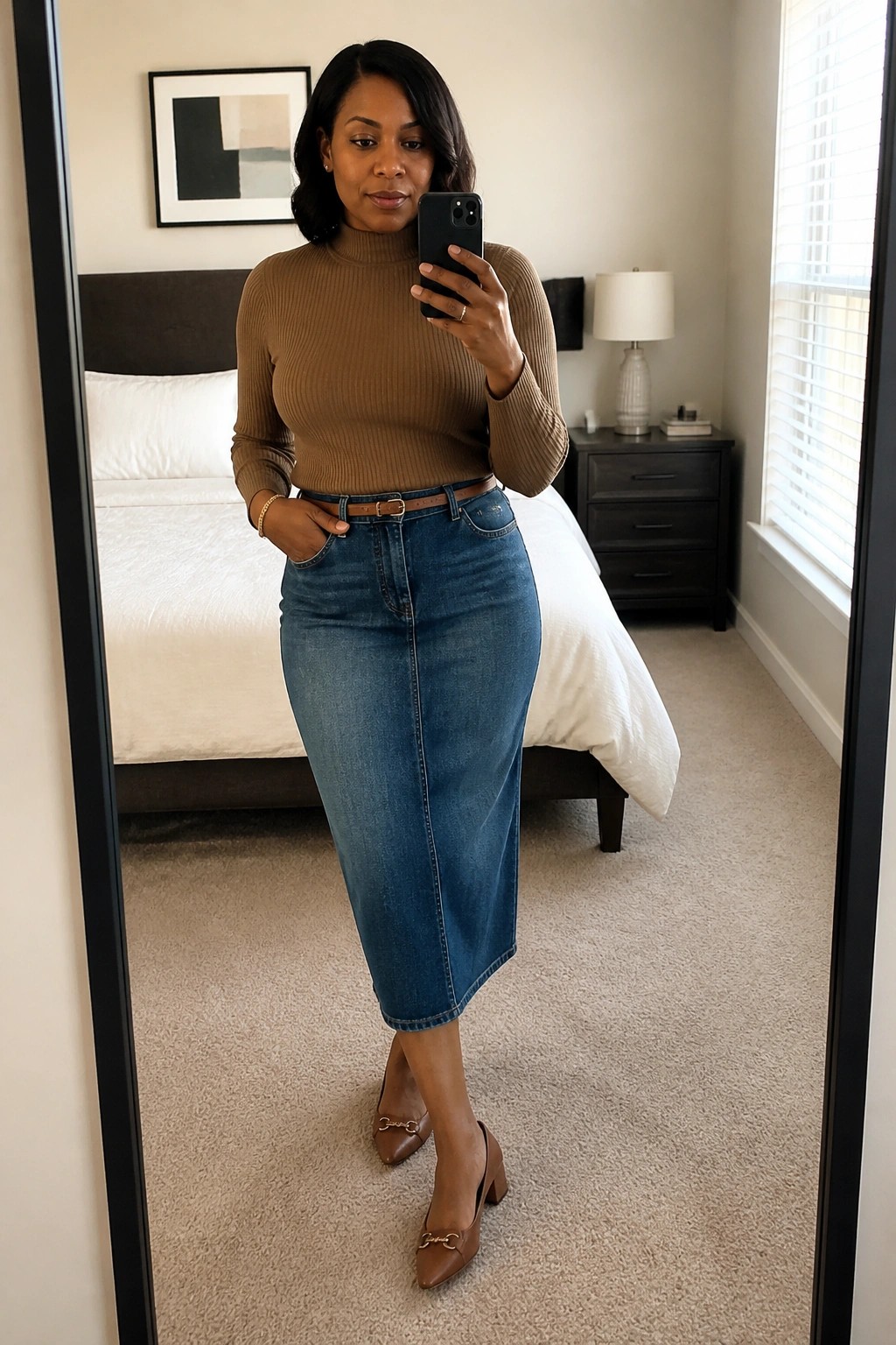 Woman taking a mirror selfie in a brown ribbed turtleneck sweater tucked into a blue denim midi skirt with brown belt and brown pointed block heel shoes.