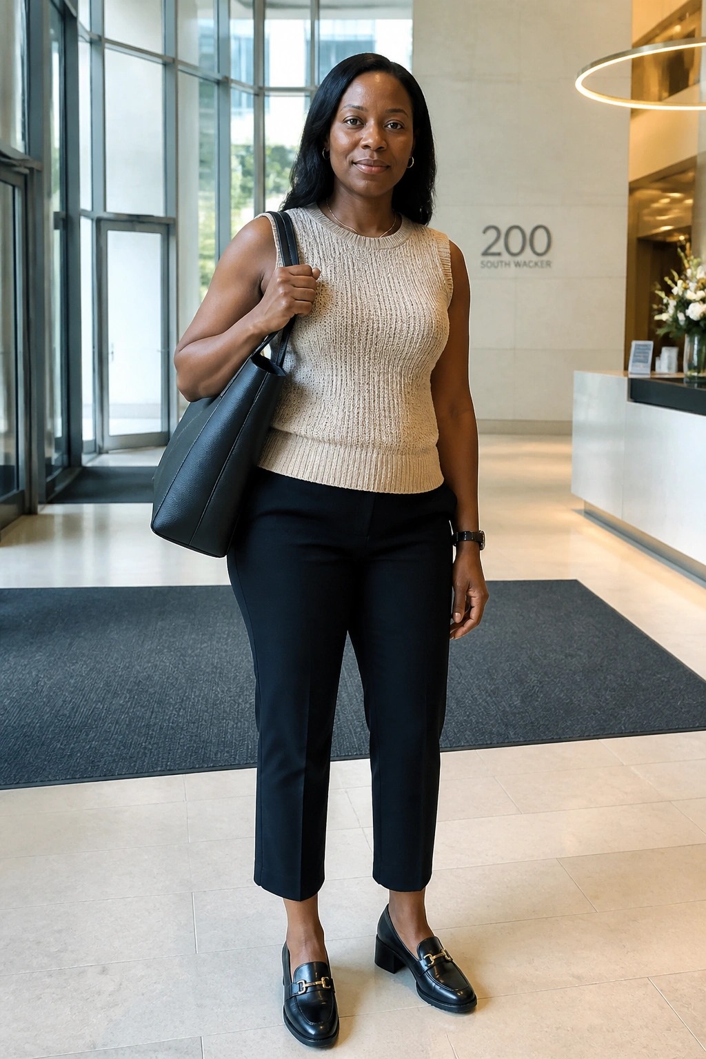 Woman in beige sleeveless knit top and black pants holding handbag in lobby