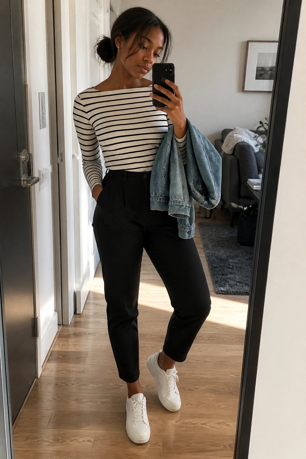 Woman in striped shirt and black pants taking mirror selfie with denim jacket