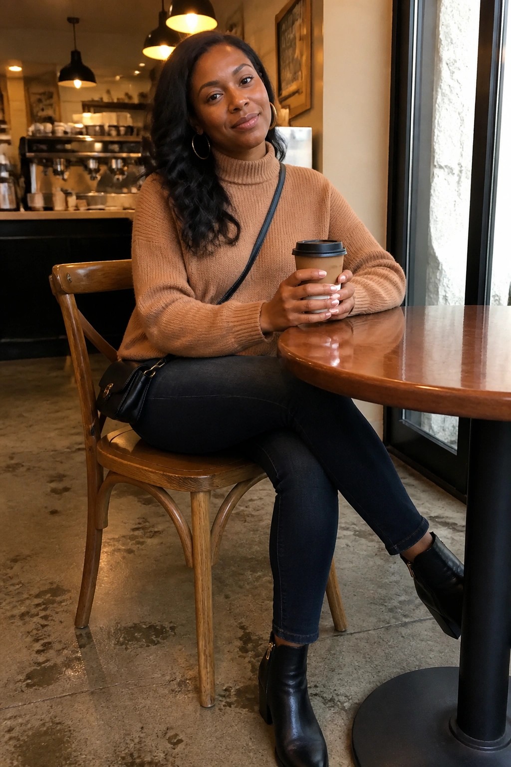 Woman in tan turtleneck sweater holds coffee at wooden cafe table