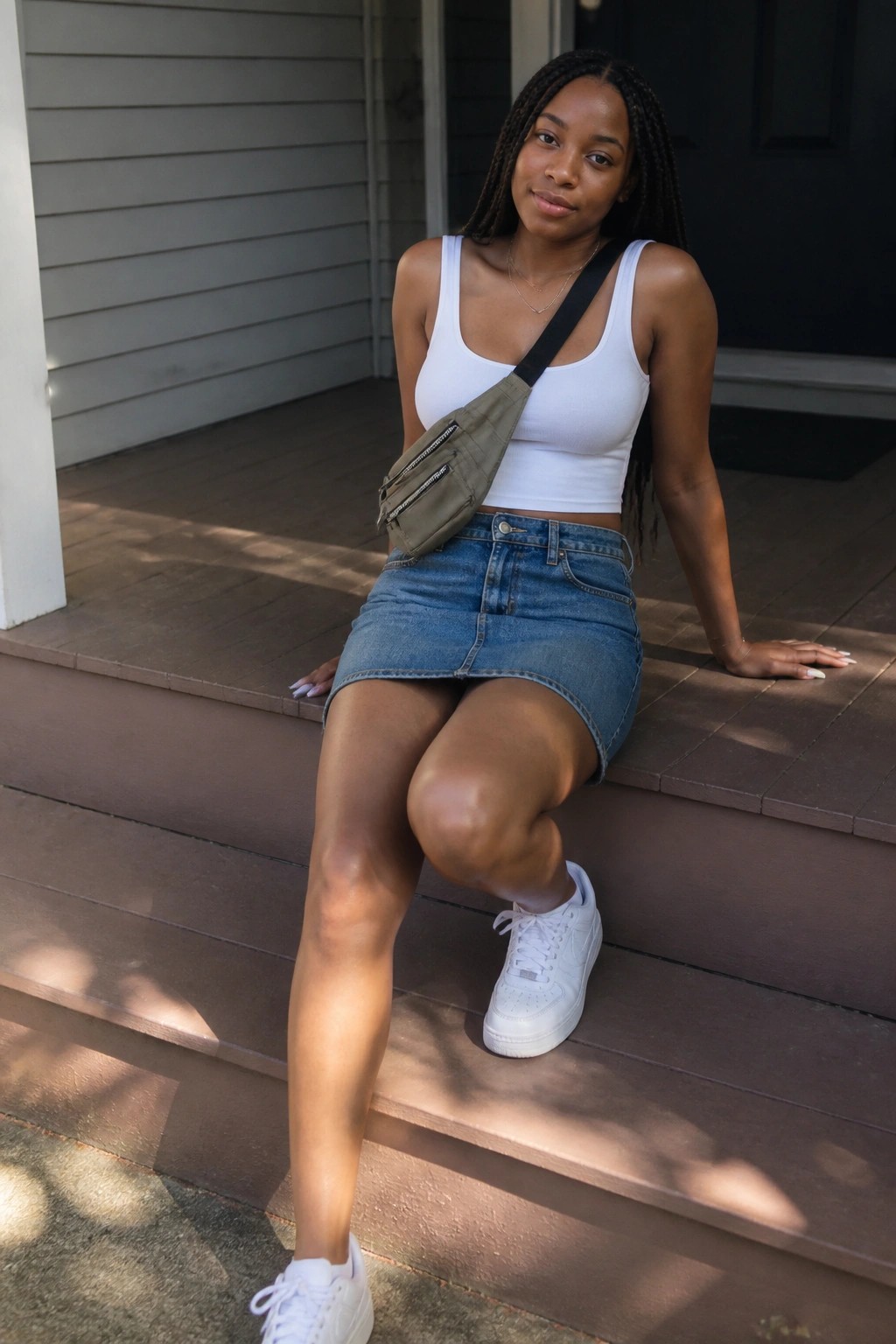 A Black woman in a fitted white tank top, blue denim mini skirt, white sneakers, olive green crossbody fanny pack, and delicate layered necklaces seated on wooden steps.