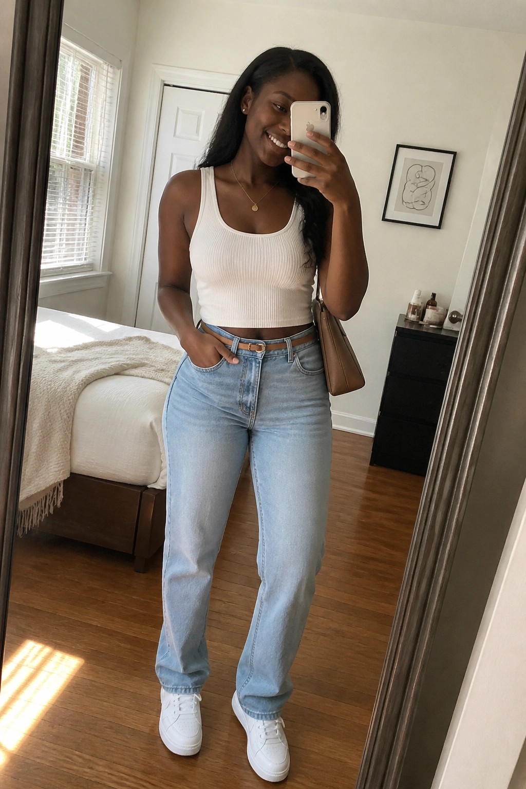 Woman in white ribbed crop top and light-wash jeans taking mirror selfie in bedroom