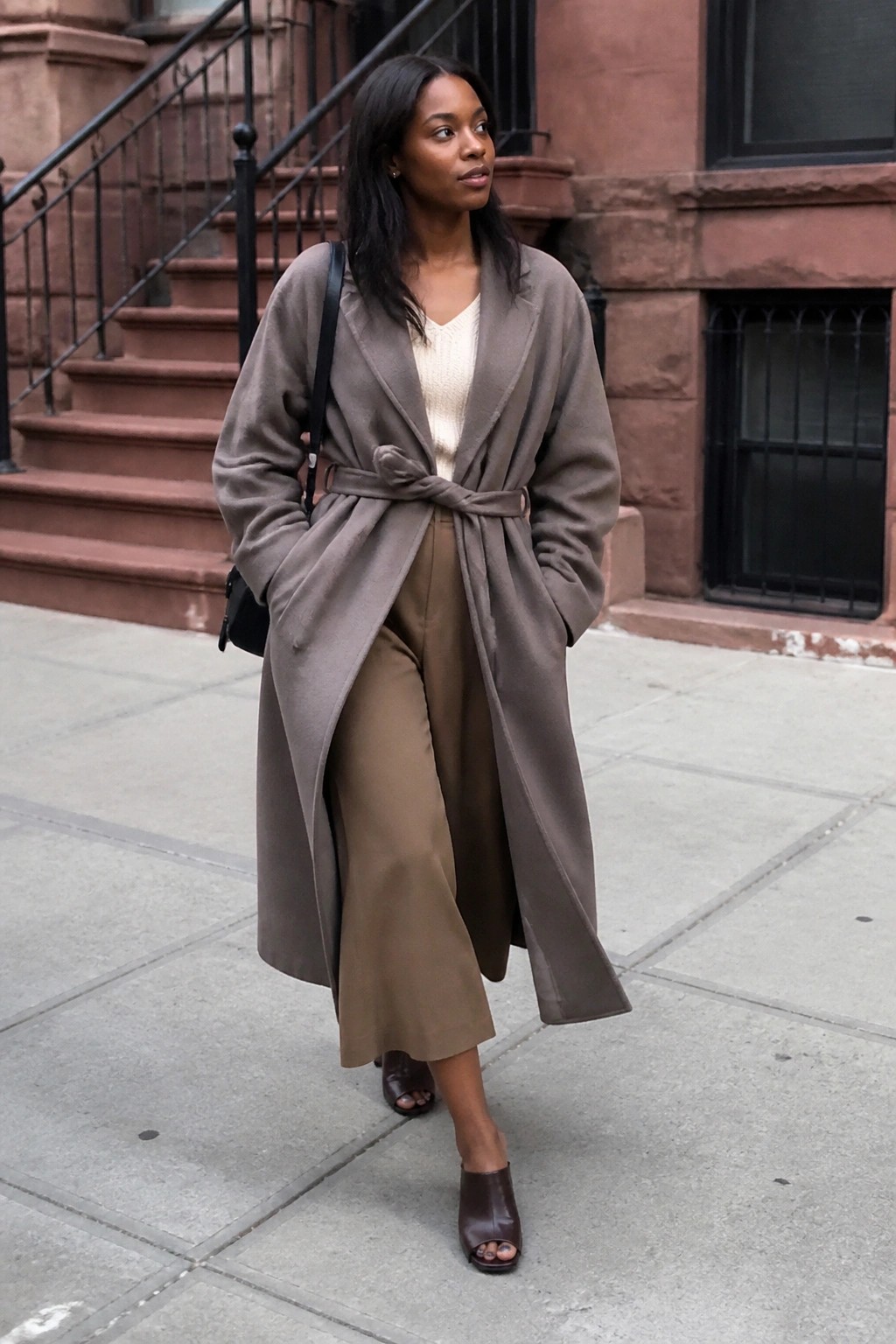 Woman in taupe belted coat and brown wide-leg pants on city sidewalk