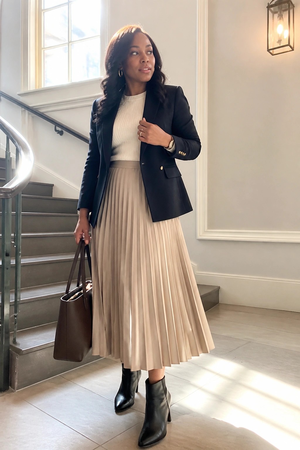Woman in black blazer, cream sweater, and beige pleated skirt holding brown tote bag.