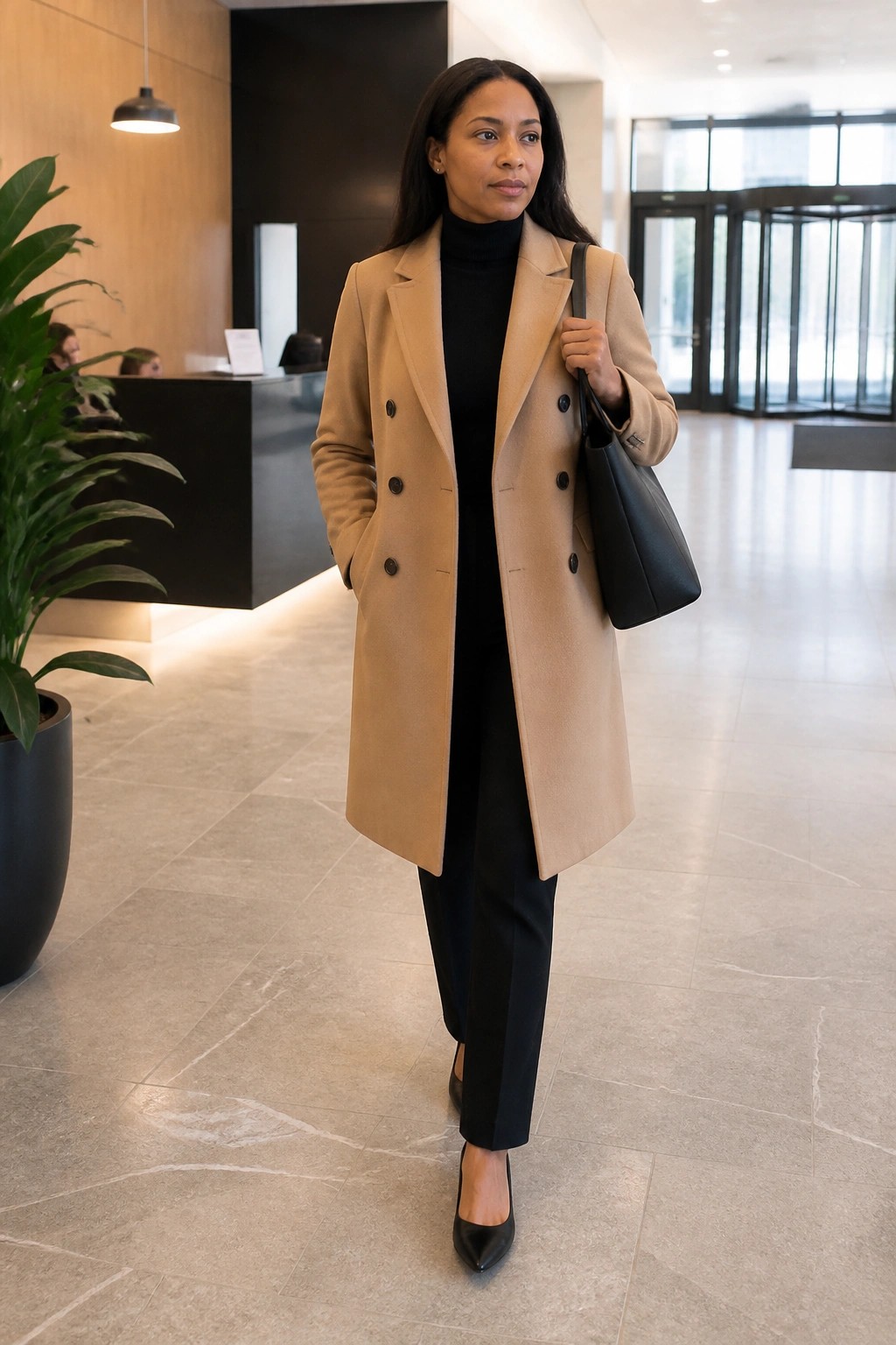 Woman in tan coat and black outfit holding handbag in modern lobby
