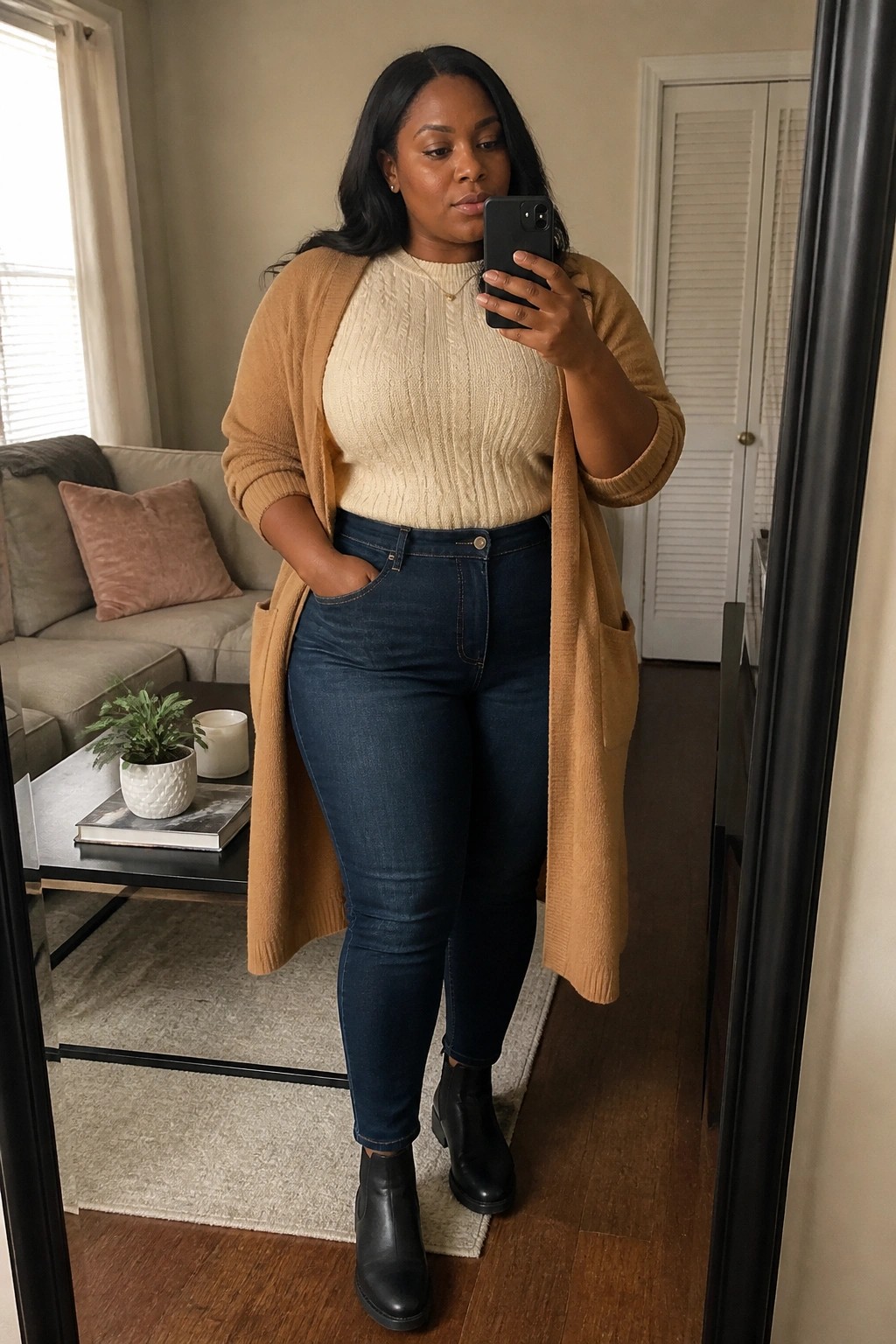 Woman in cream sweater and tan cardigan taking mirror selfie in living room