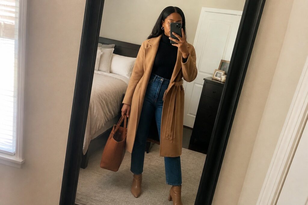 24 Classy Fall Outfits for Black Women for Elevated Everyday Style Woman in camel coat and jeans taking mirror selfie while holding brown tote bag