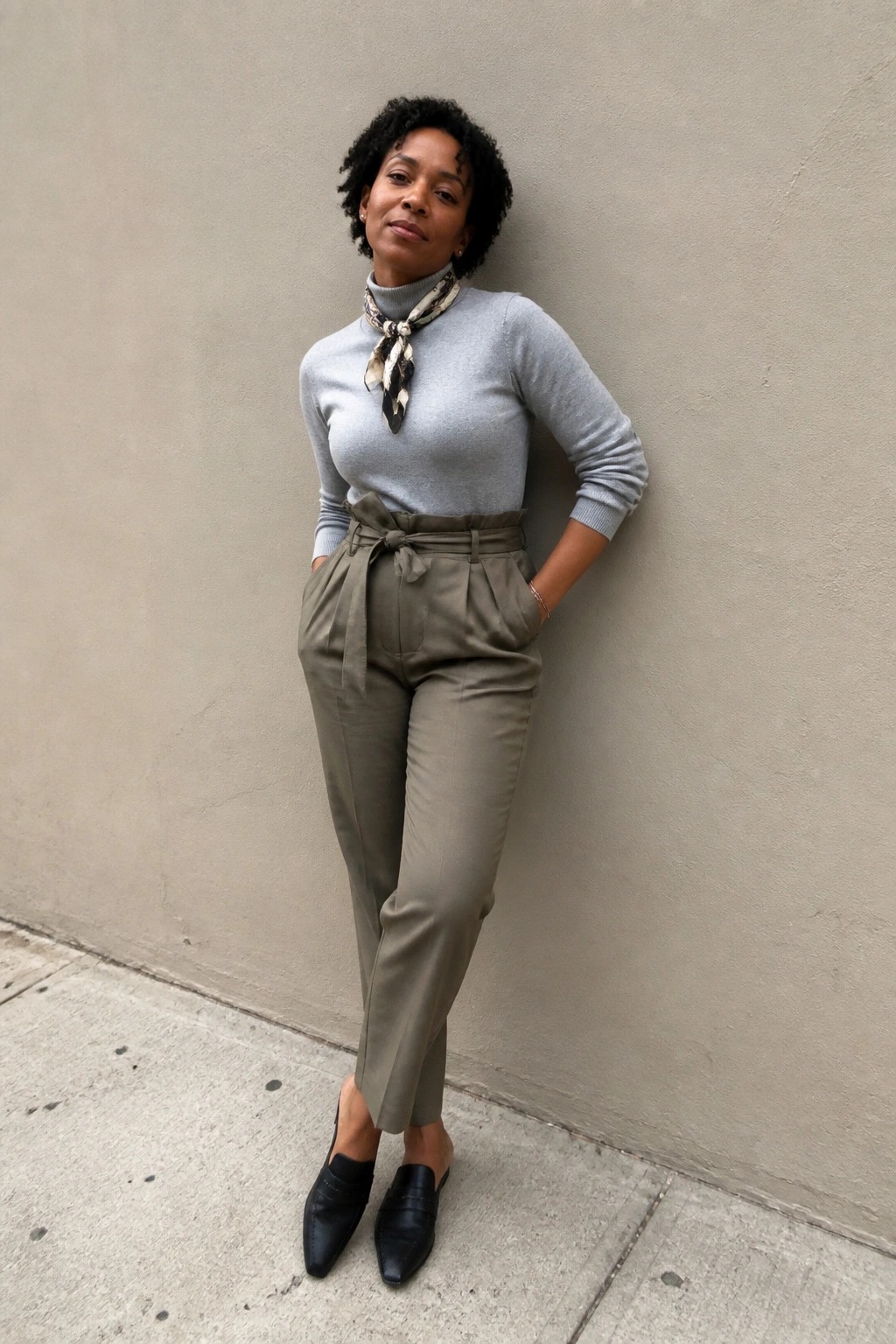Woman in gray turtleneck and olive pants with scarf leaning against wall.