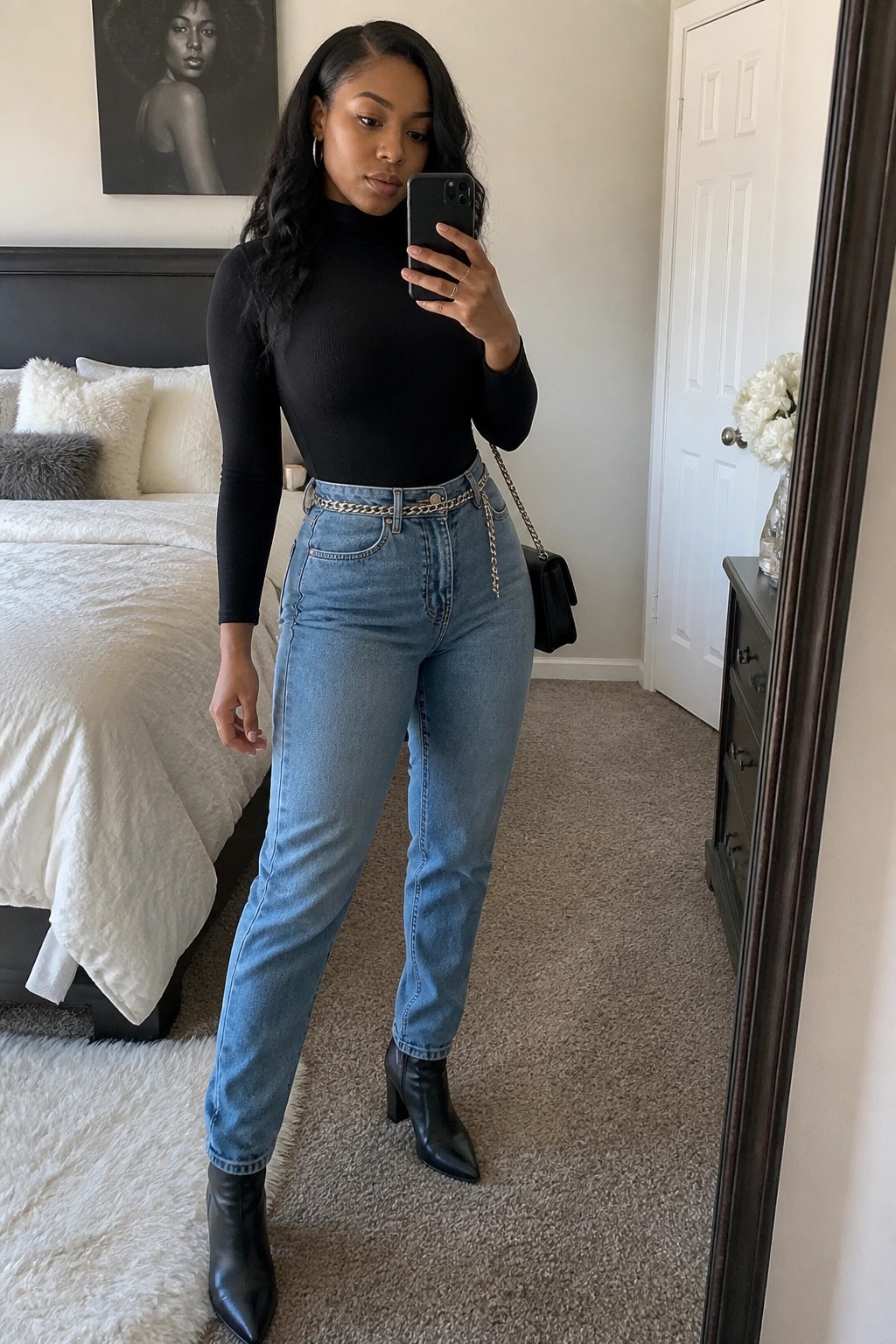 Woman wearing a black fitted turtleneck top tucked into light blue high waisted straight leg jeans with a gold chain belt, black pointed toe ankle boots, and a black chain strap handbag while taking a mirror selfie.