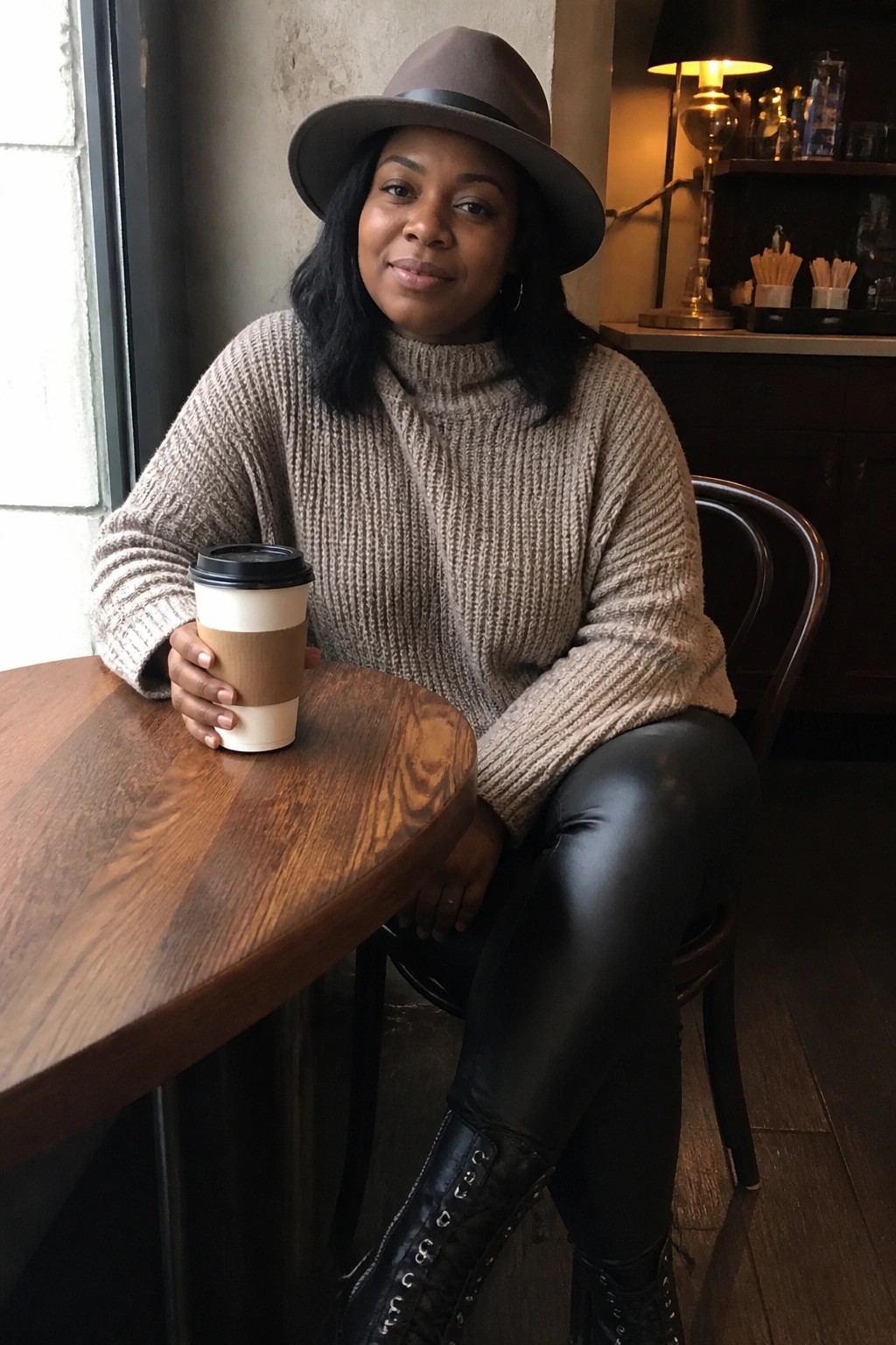 Woman in beige knit sweater and gray hat holding coffee at wooden cafe table