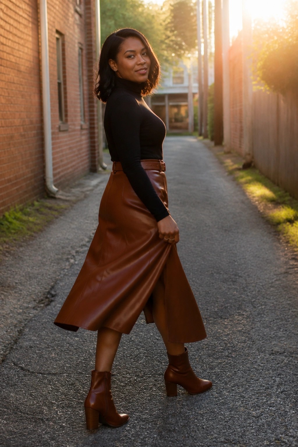 Woman in black turtleneck and brown leather skirt posing in sunlit alley