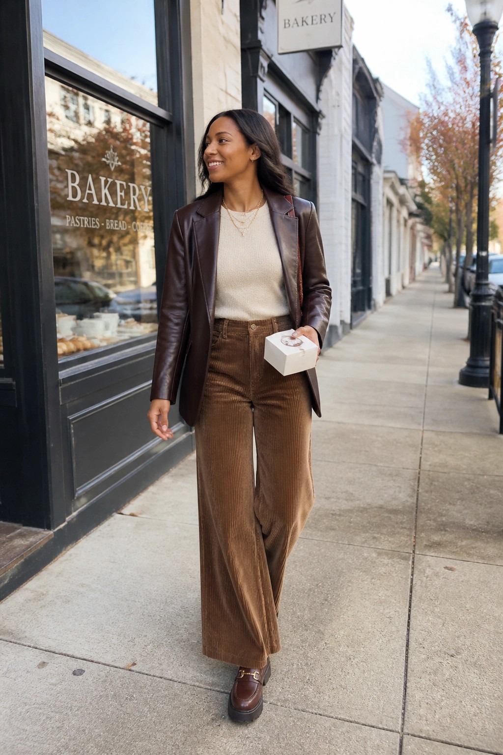 Smiling woman in brown leather jacket and corduroy pants holding white box by bakery.
