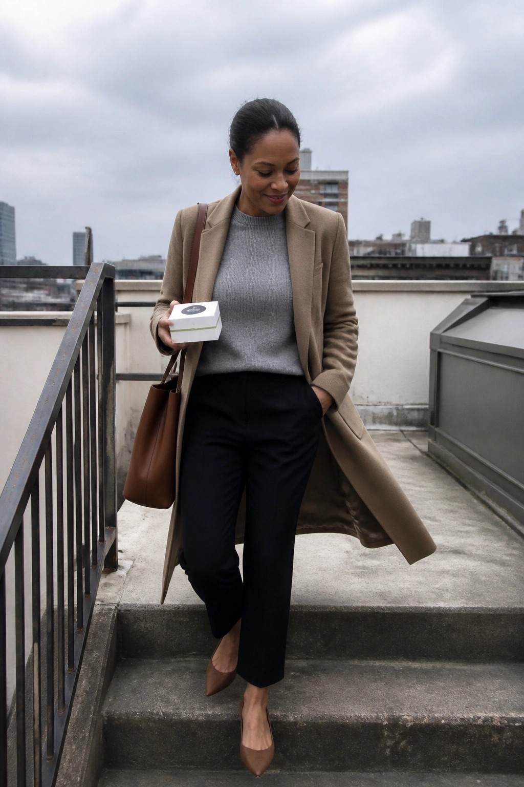Woman in tan coat holding white box on urban rooftop stairs with brown bag