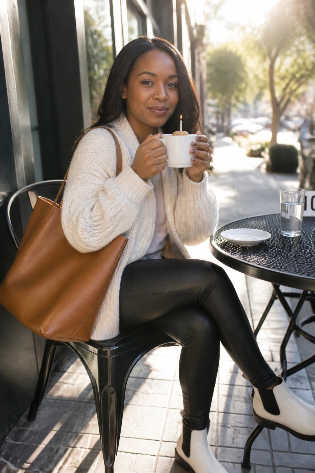 Black woman seated outdoors wearing a cream chunky knit cardigan, black leather leggings, white ankle boots, and carrying a brown leather tote bag while holding a white mug.
