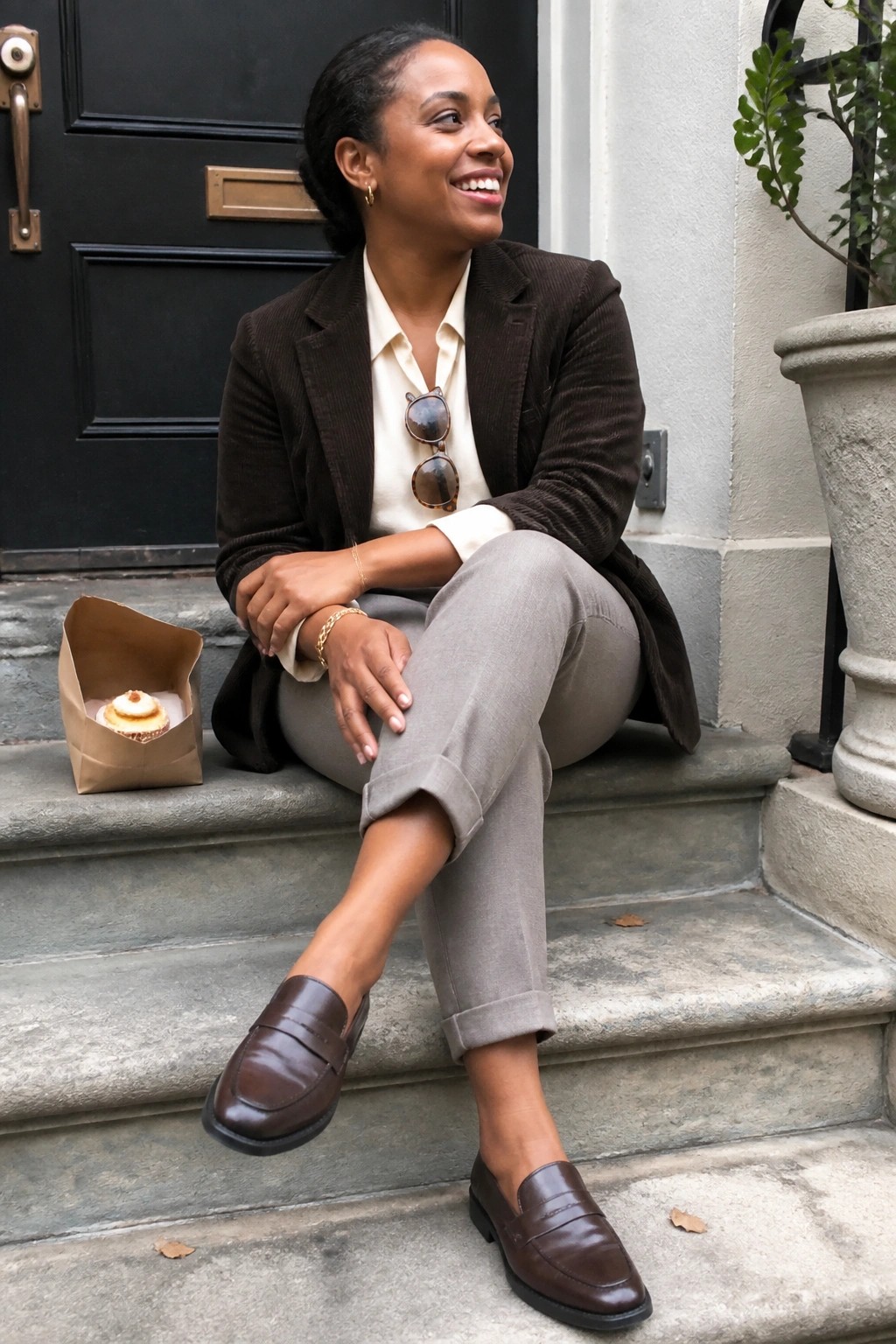 Smiling woman in brown corduroy blazer sits on steps beside pastry bag