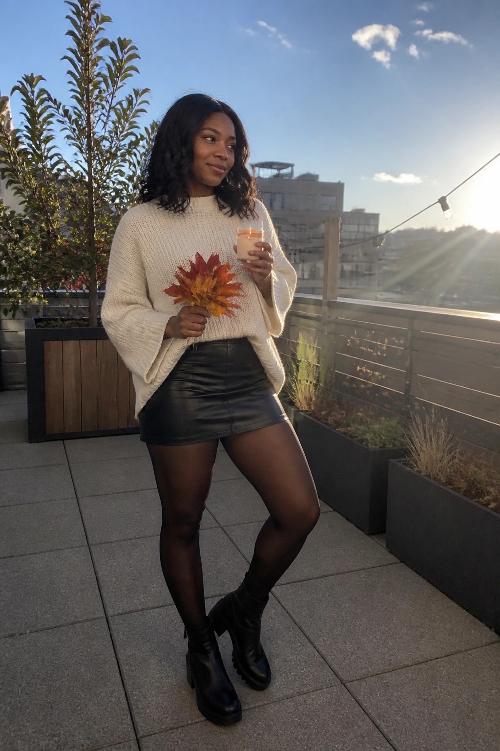 Woman in an oversized cream chunky knit sweater with bell sleeves tucked into a black leather mini skirt, paired with sheer black tights and black heeled ankle boots.