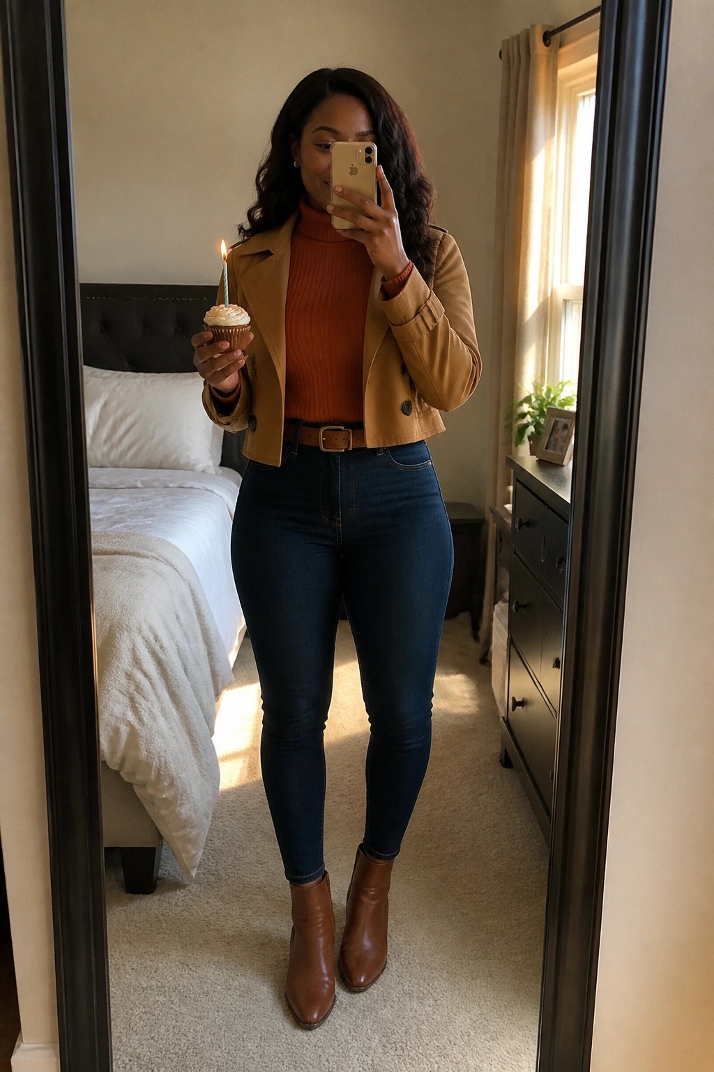 Woman in tan jacket taking mirror selfie while holding lit cupcake and phone
