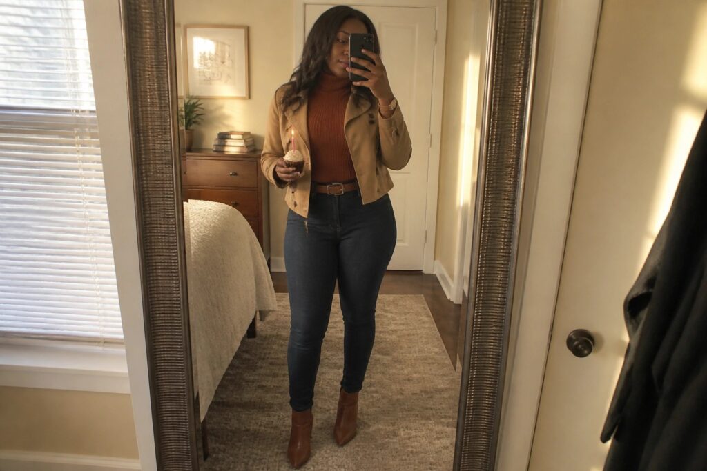 Woman in tan jacket taking mirror selfie while holding lit cupcake and phone