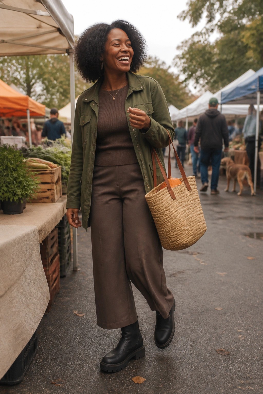 Smiling woman in green jacket and brown outfit carrying woven tote at market