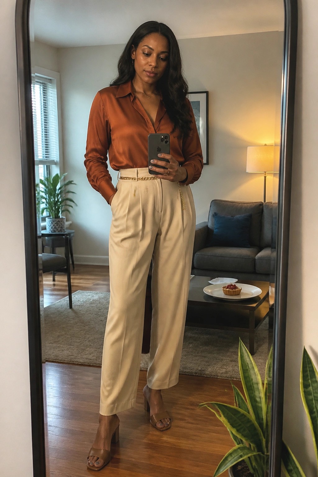 Woman in orange satin blouse and beige trousers taking mirror selfie indoors