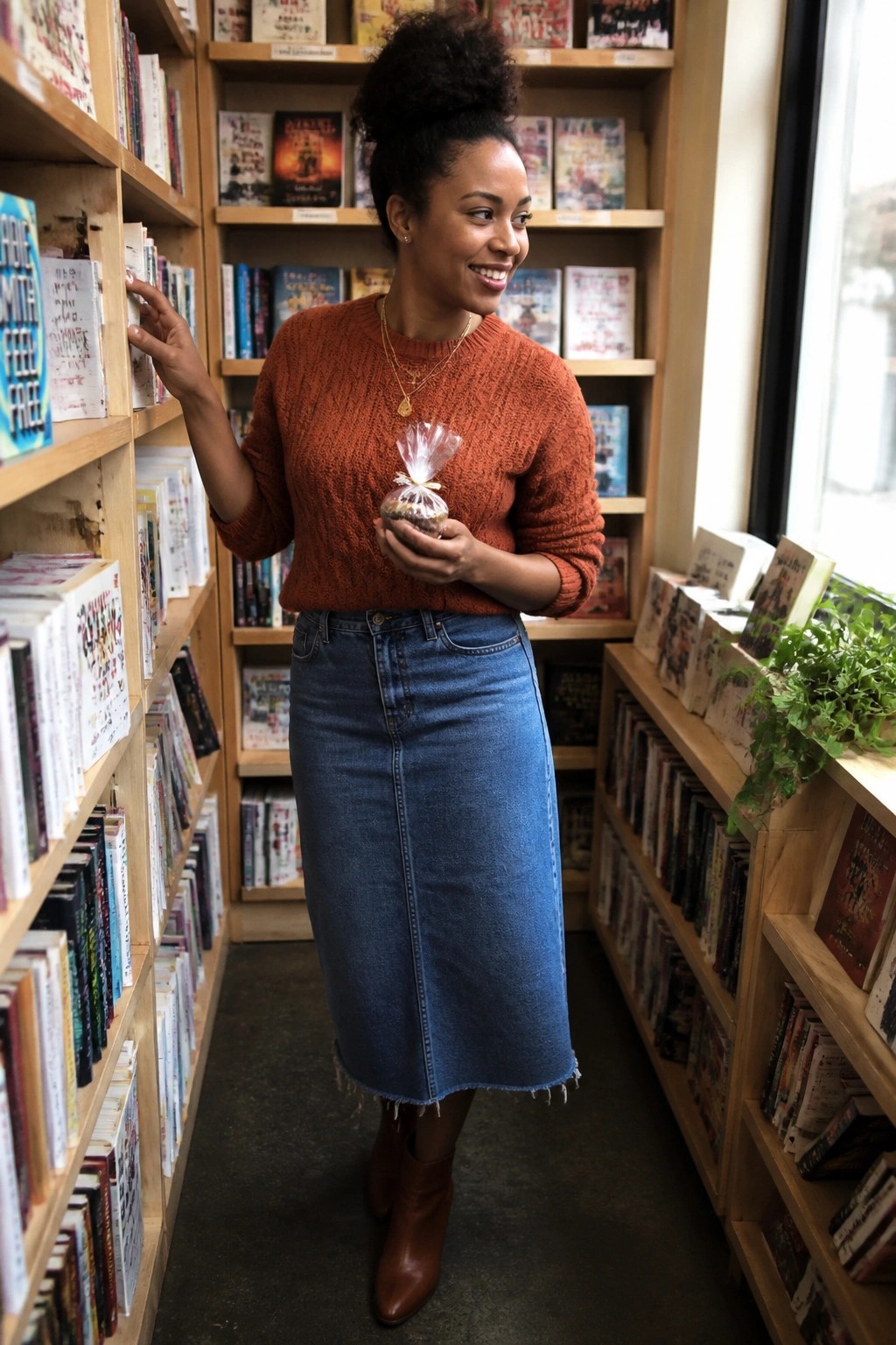 Smiling woman in orange sweater and denim skirt reaches for book while holding wrapped item.